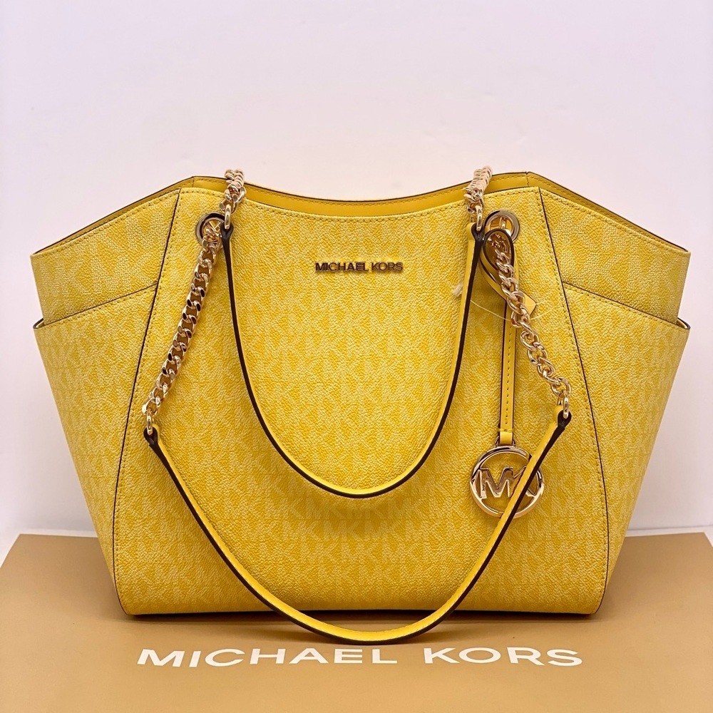 Michael Kors Signature Logo Chain Shoulder Tote DAISY YELLOW - Picture 8 of 14